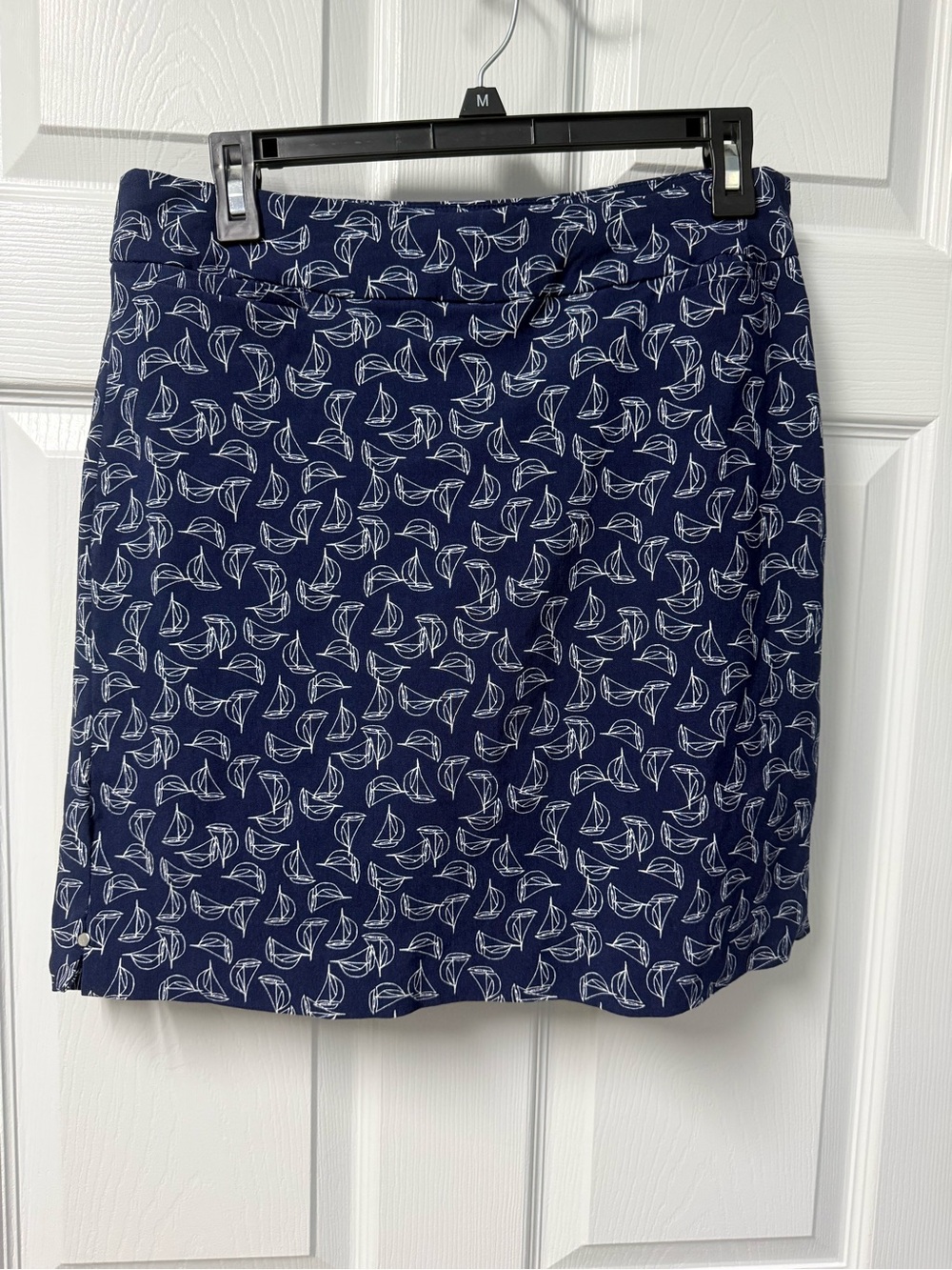 Kim Rogers Navy and White Sailboat-Pattern Skirt